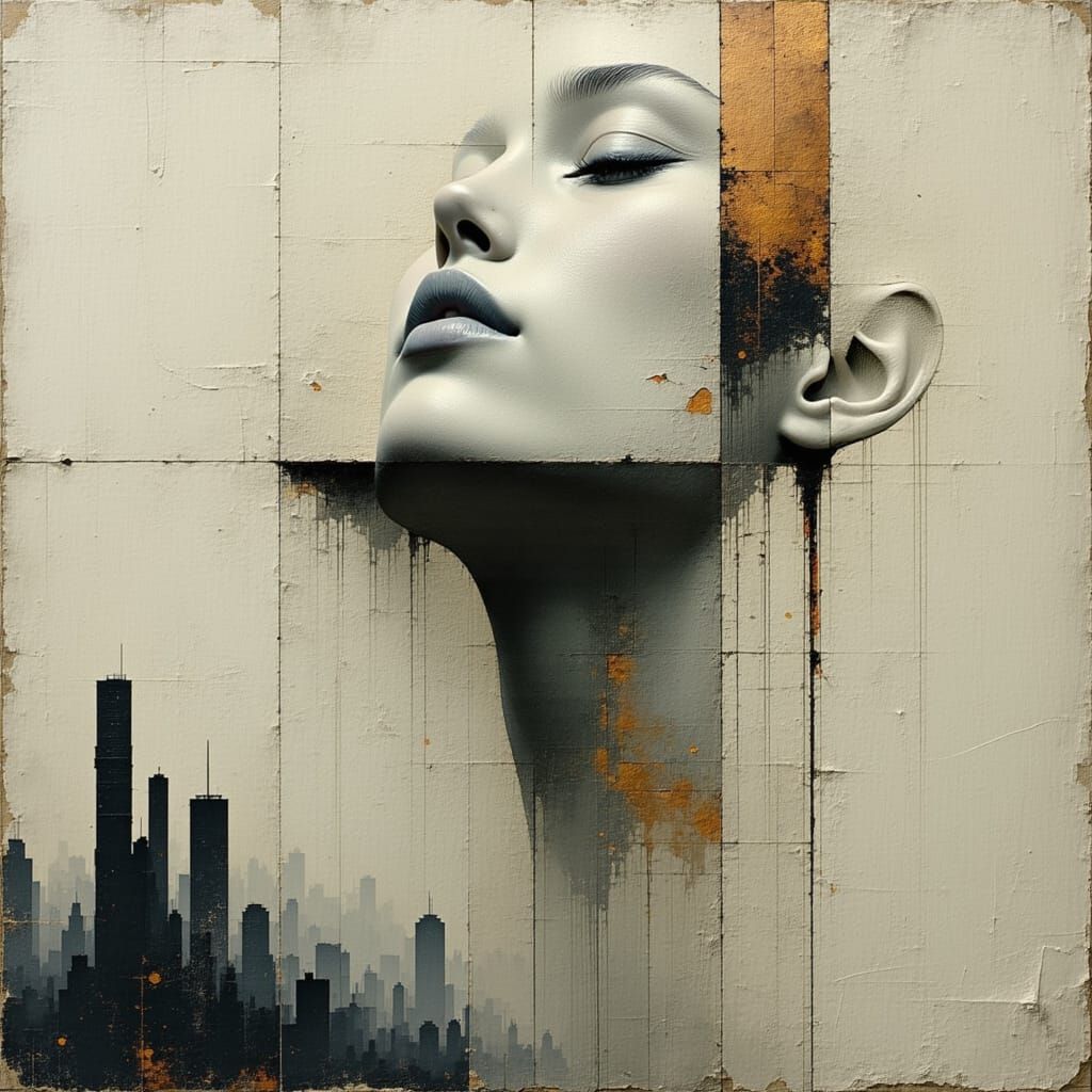 Spectral Face Emerging from Concrete in Cubist Style