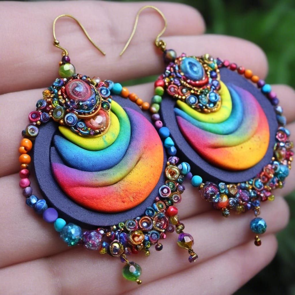 Rainbow Polymer Clay Earrings with Crystals