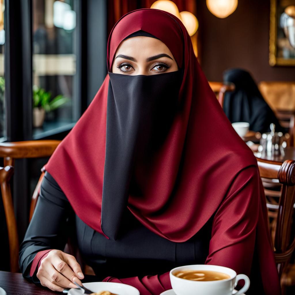 Realistic Portrait of a Niqabi Woman in Cafe