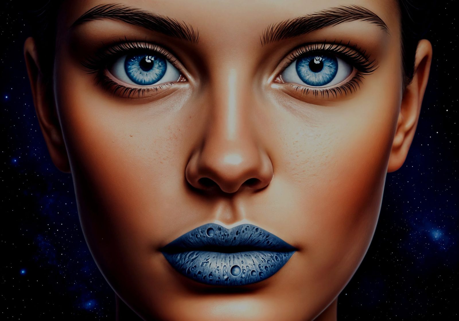 Lunar Reflection: Woman's Face in Surreal Watercolor