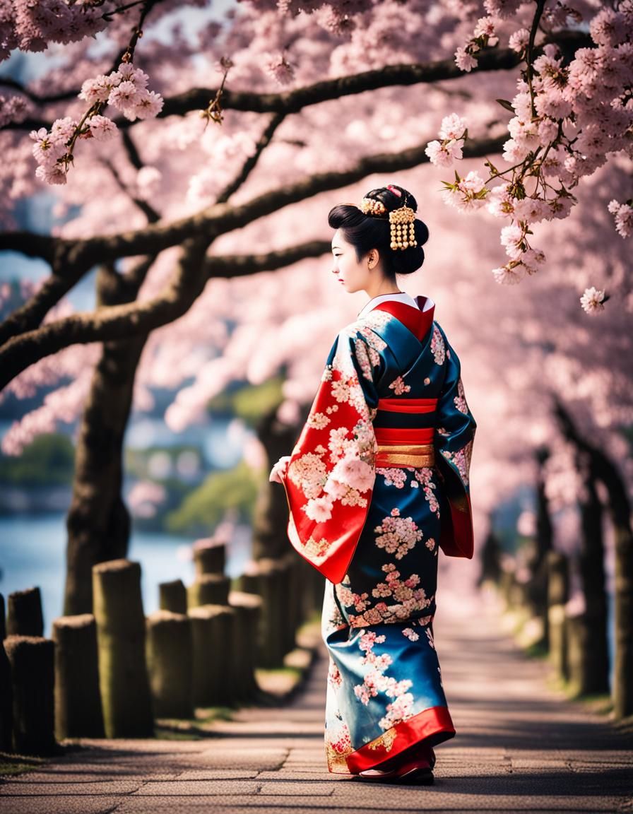 Maiko in Kimono Under Cherry Blossoms, Kyoto