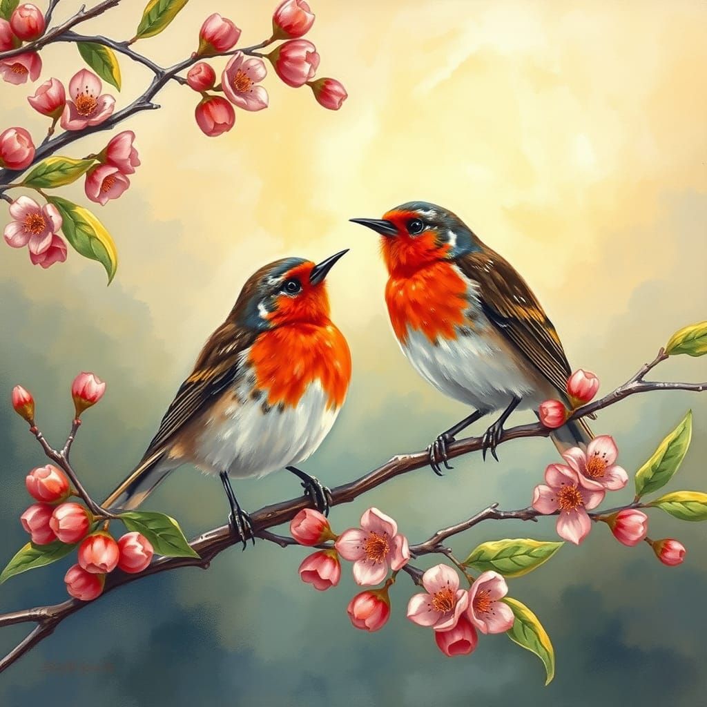 Vibrant Spring Birds in Gouache Style