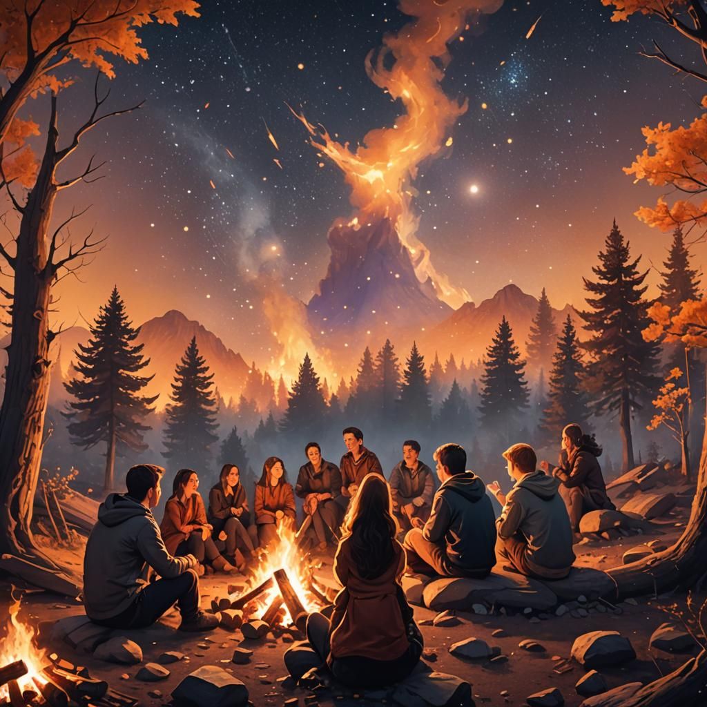Friends Around Campfire Under Starlit Sky