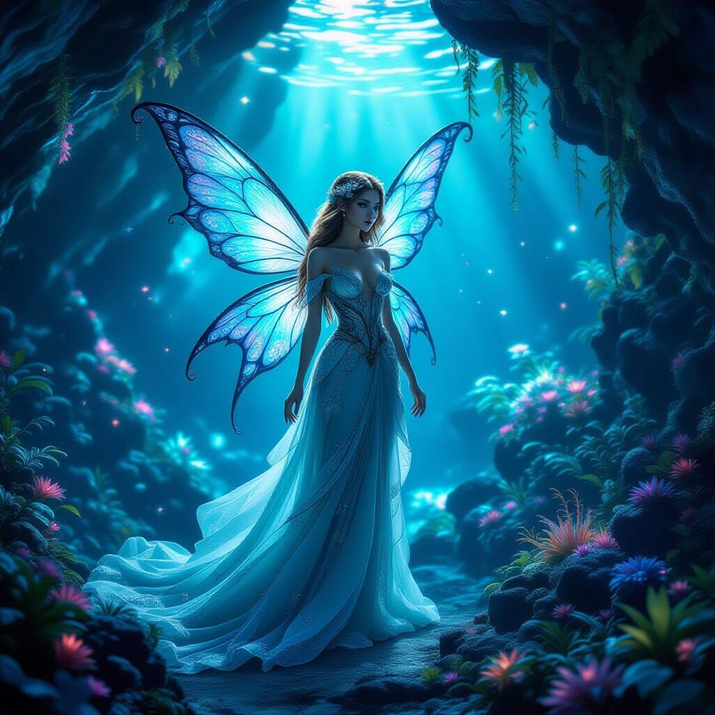 Bioluminescent Cave Fairy in Shimmering Gown