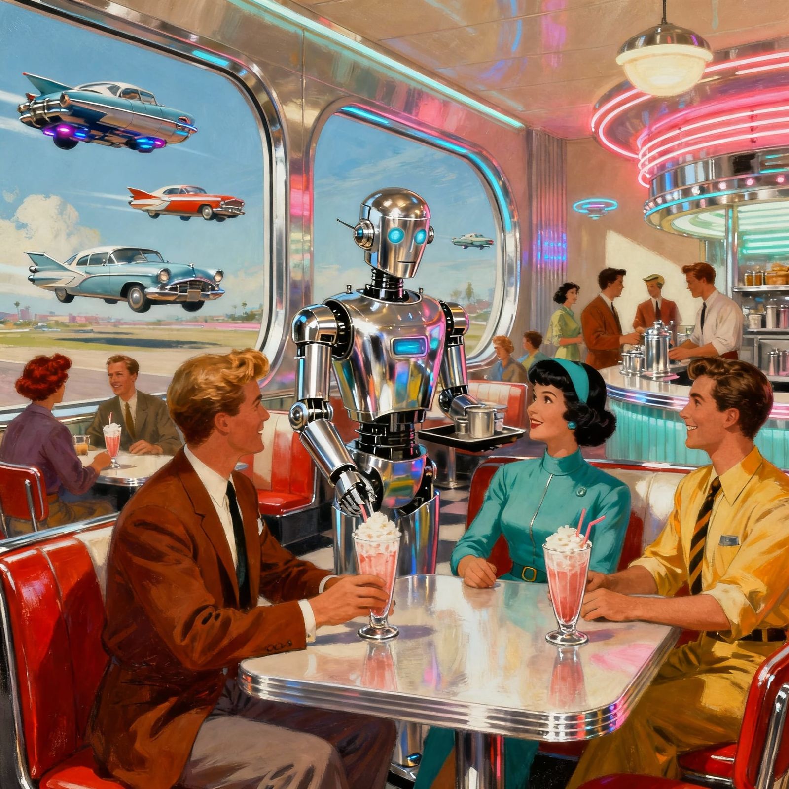 Retro-Futuristic Diner Scene with Robots and Flying Cars