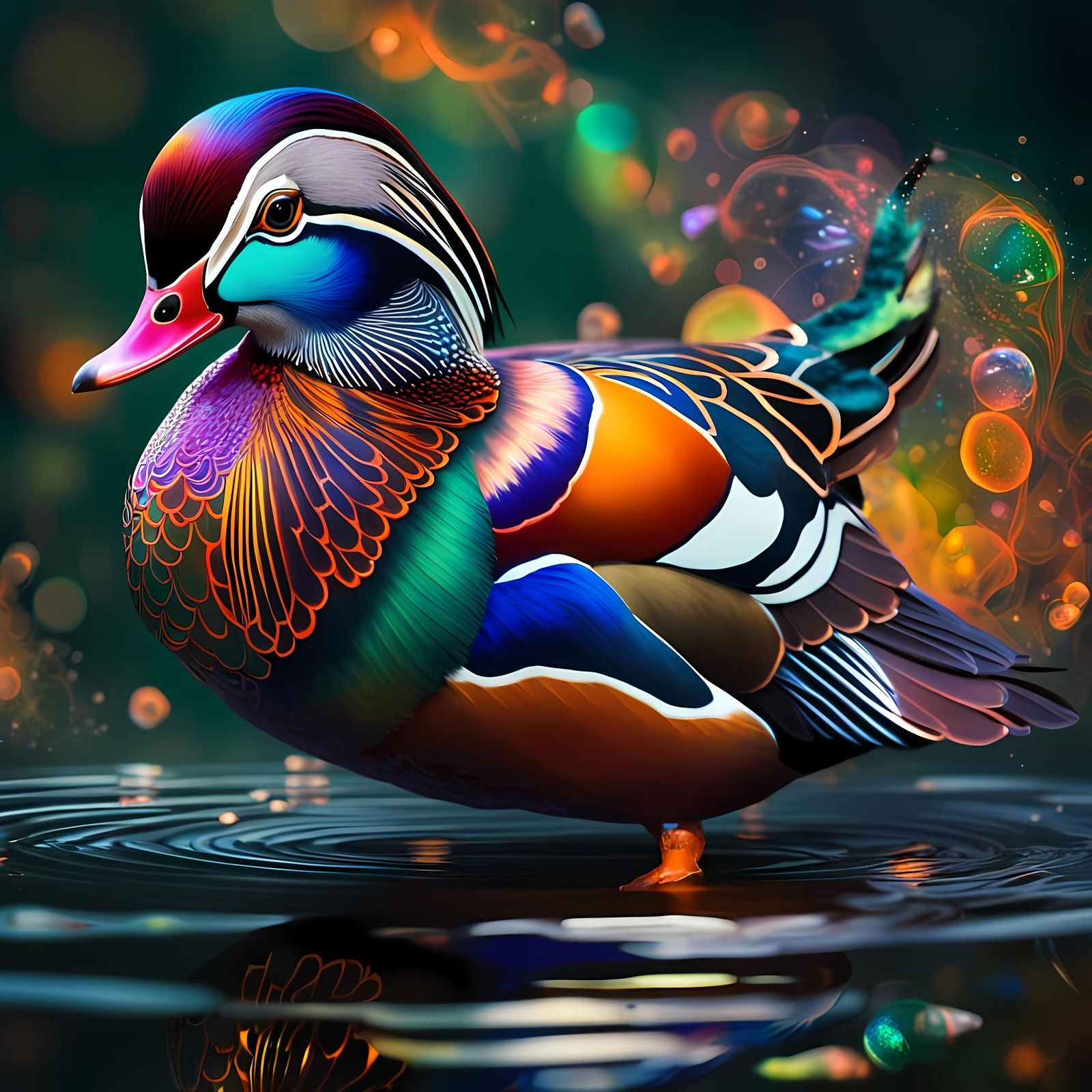 Vibrant Mandarin Duck: Cosmic Holographic Illustration