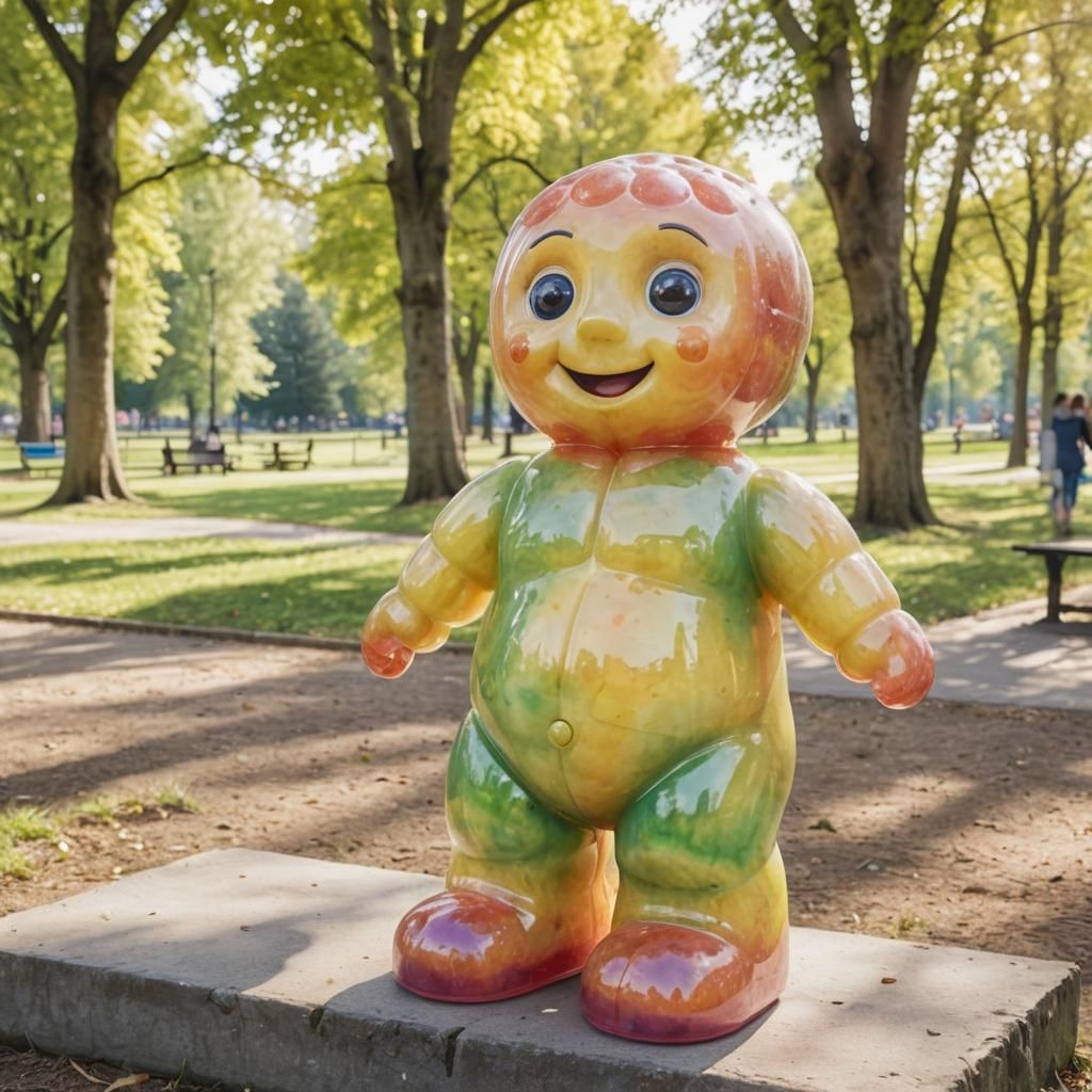 Watercolor illustration of a super cute smiling large jelly baby sculpture, big eyes, in a park, sunshine, bright soft ...