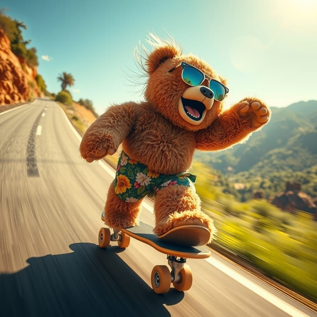 Teddy Bear Skateboarder in Hyper-Realistic Photo