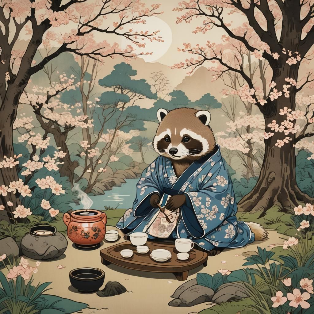 Tanuki Tea Ceremony in Ukiyo-e Style