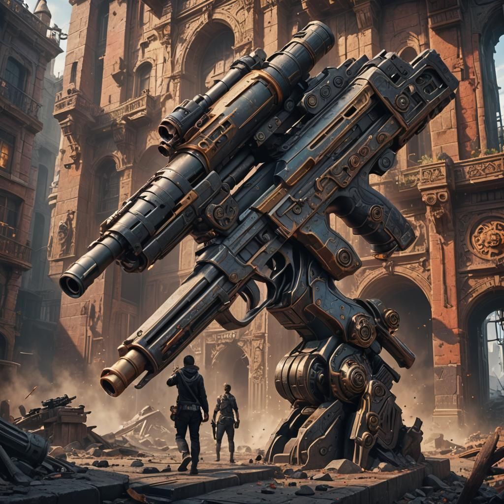Person Holding Oversized Gun: Detailed Matte Painting