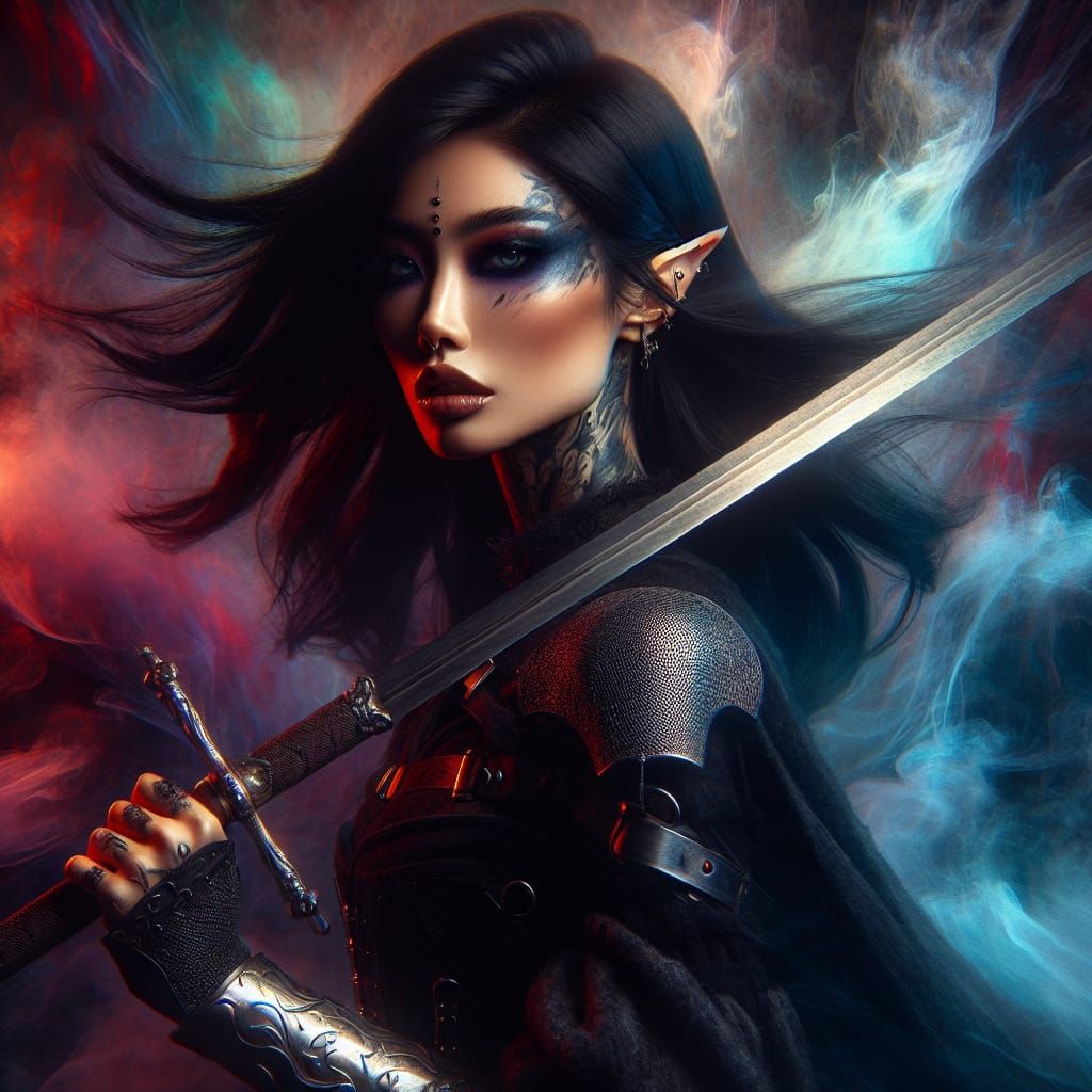 Elven Warrior Woman with Sword in Dark Fantasy Scene