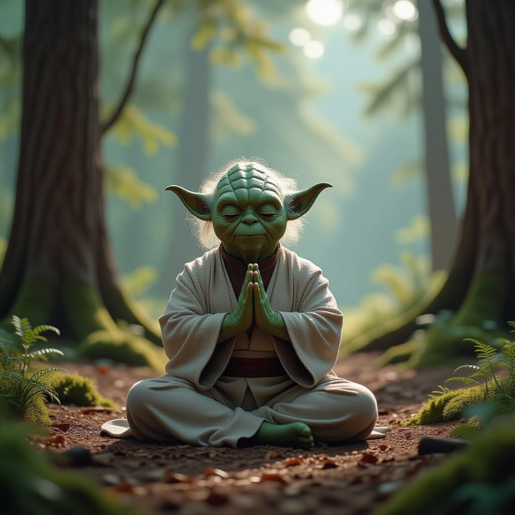 Master Yoda in Serene Forest Yoga Pose