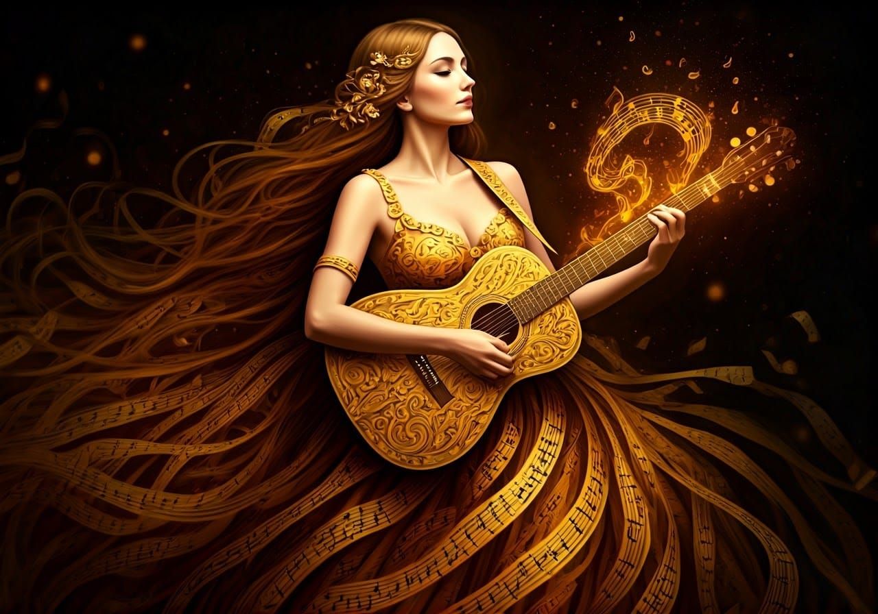 Ethereal Woman in Music Notes Gown Plays Guitar