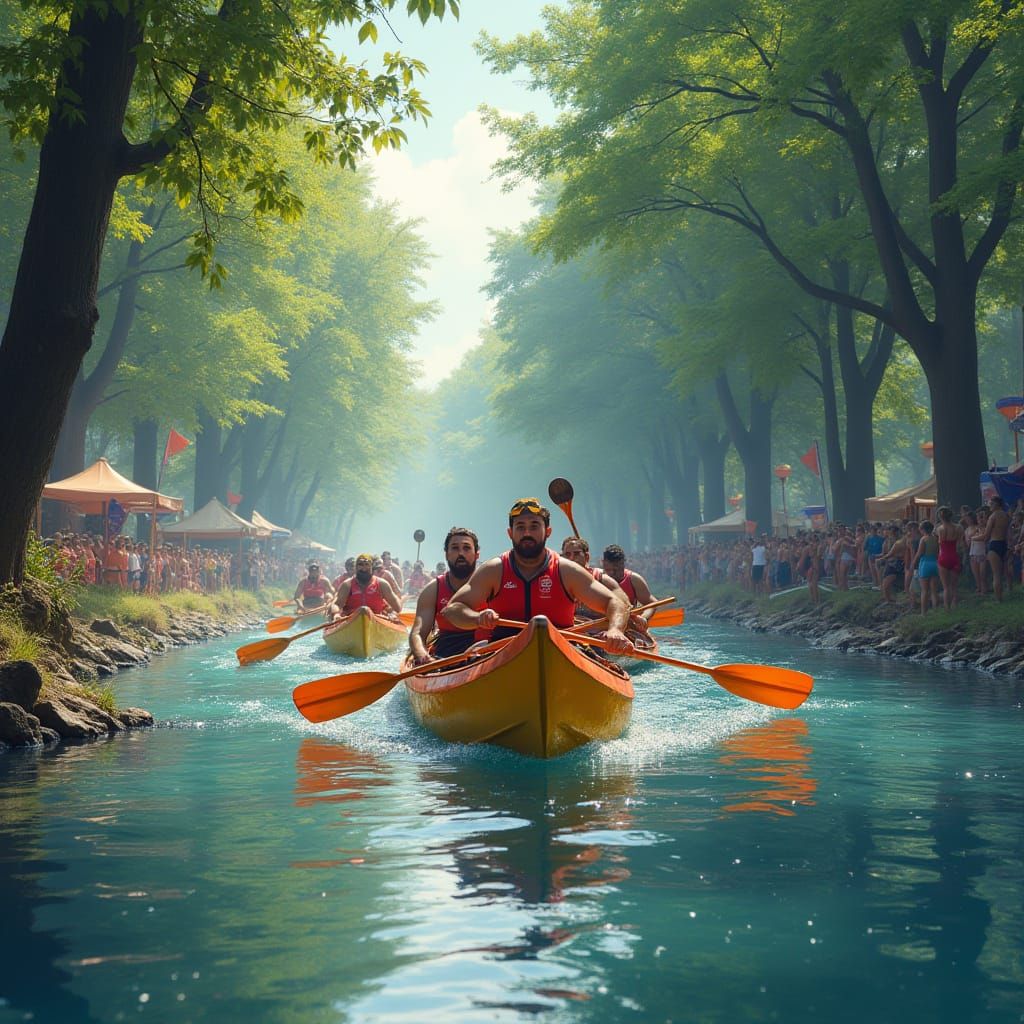 Hyperrealistic Canoe Race on Calm River