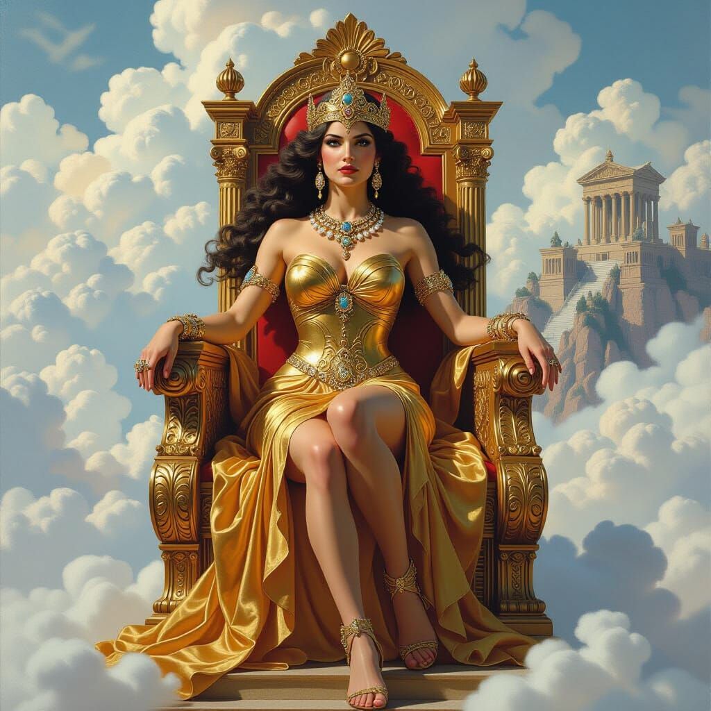 Hera on Mount Olympus in a Fantasy Oil Painting Style