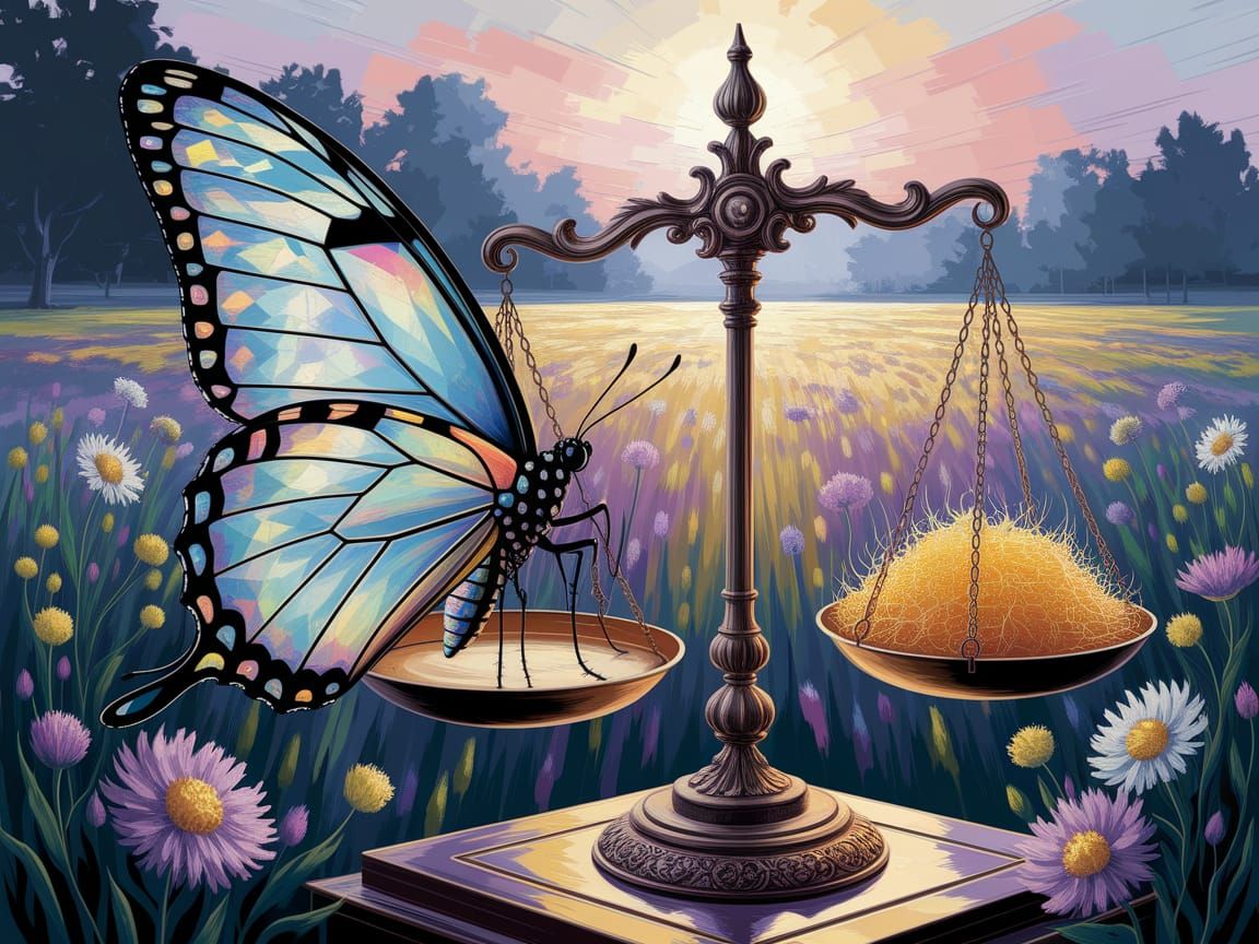 Butterfly on Scales of Justice: Impressionist Gouache Painti...