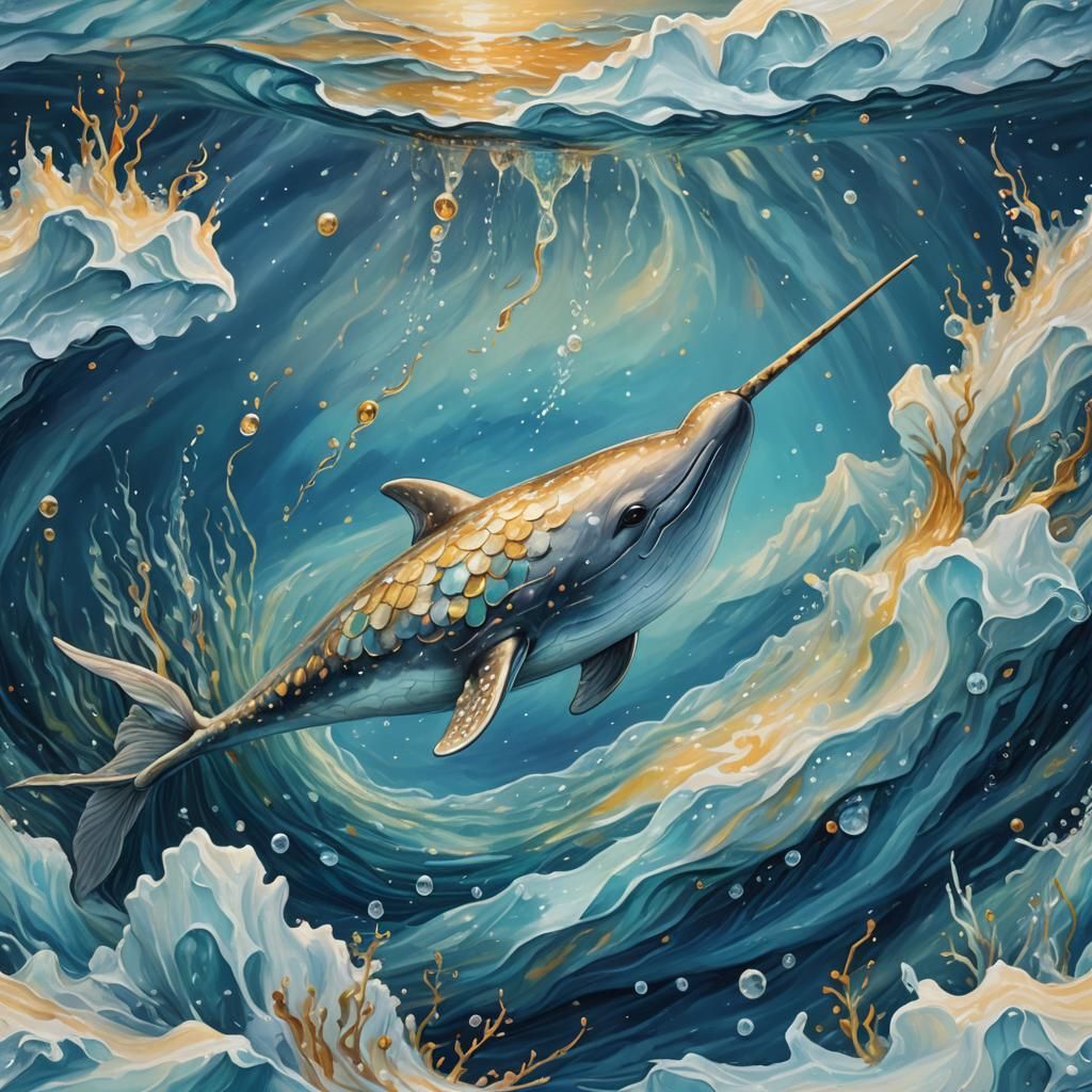 Narwhal in Icy Waters: A Triadic Oil Painting