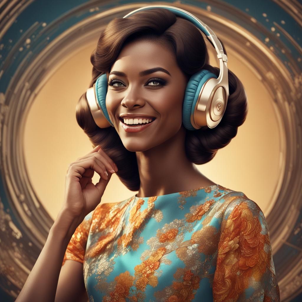 Glamorous 1960s Woman with Headphones, Realistic Photography