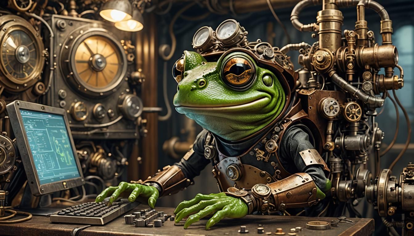 Frog Computer Technician with Steampunk Engine