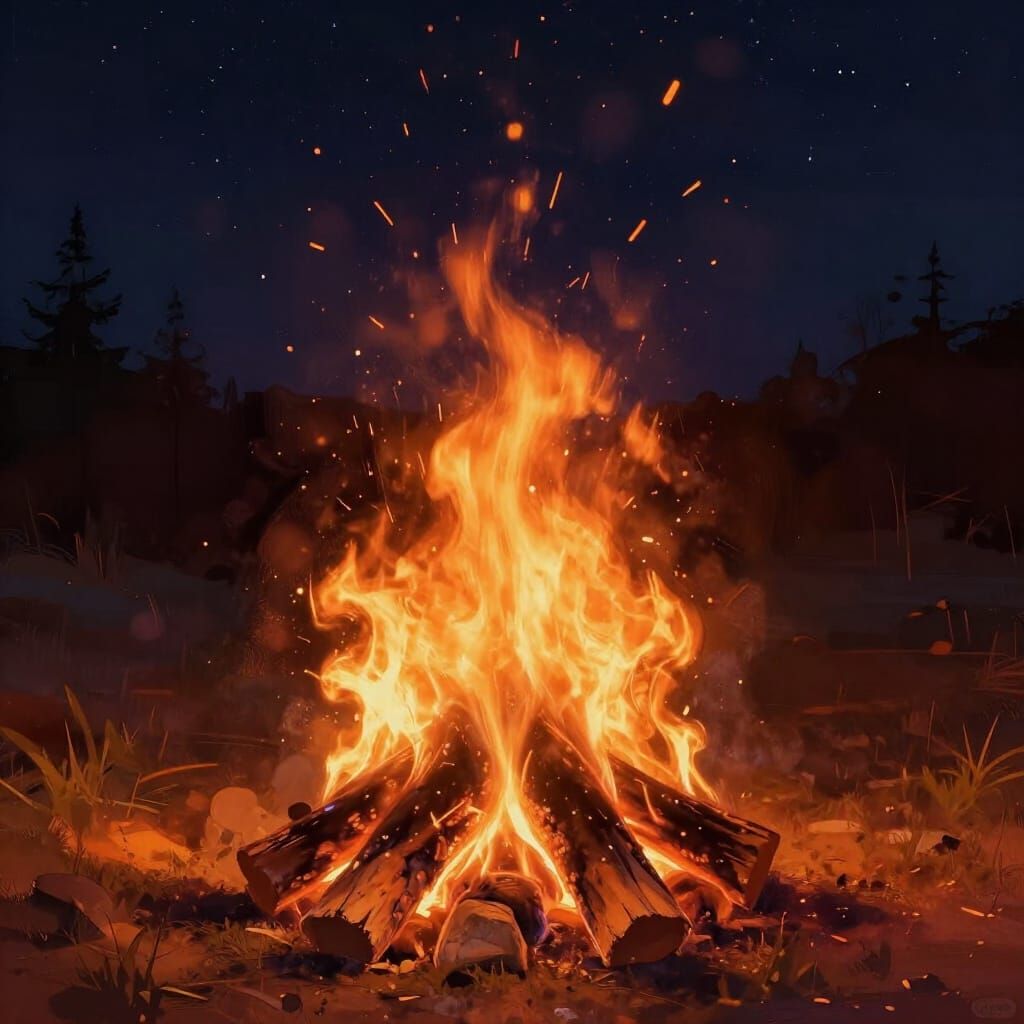 Roaring Bonfire on Starry Night, Digital Painting