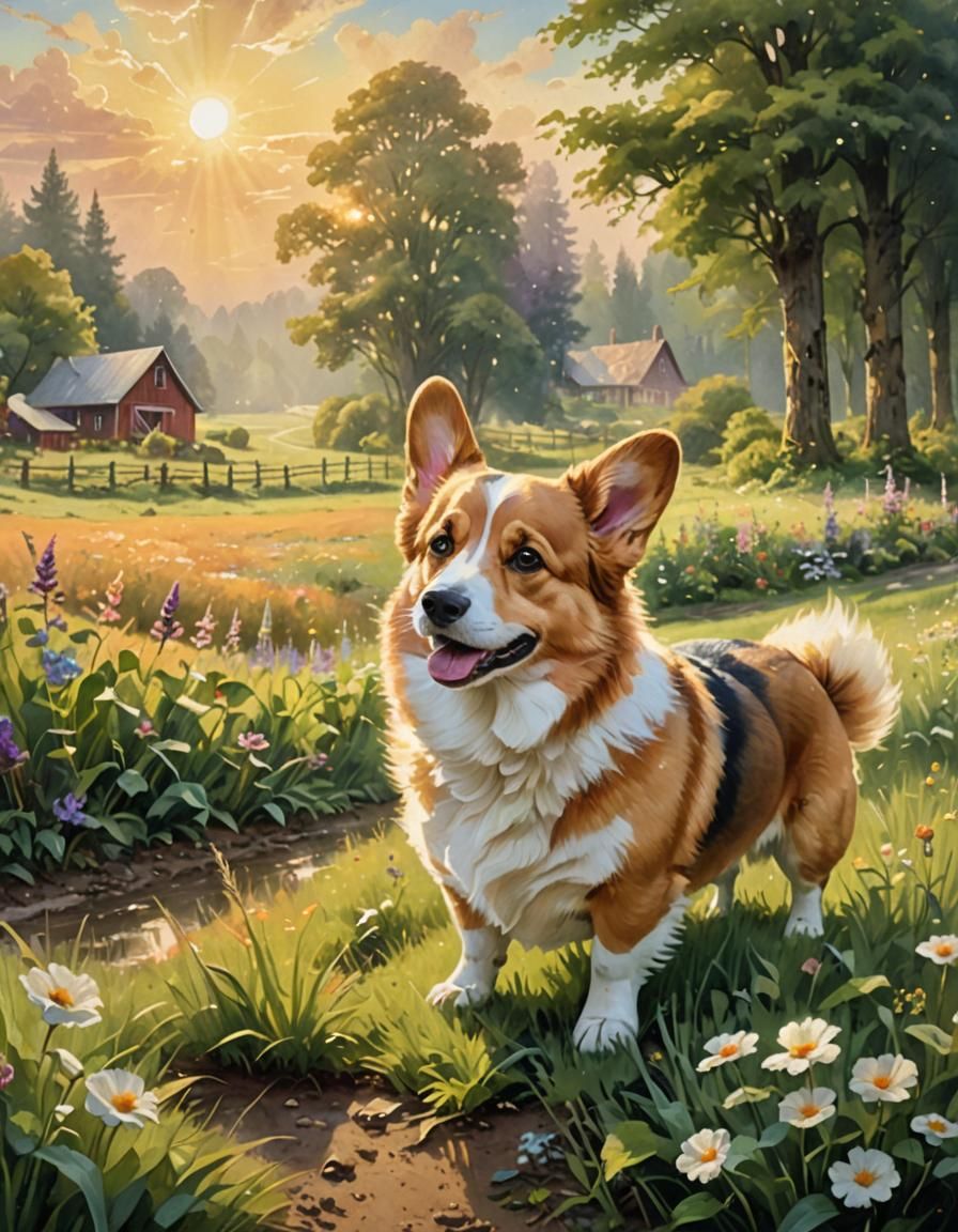 Corgi in Ethereal Farm Meadow: Kinkade-inspired Fantasy