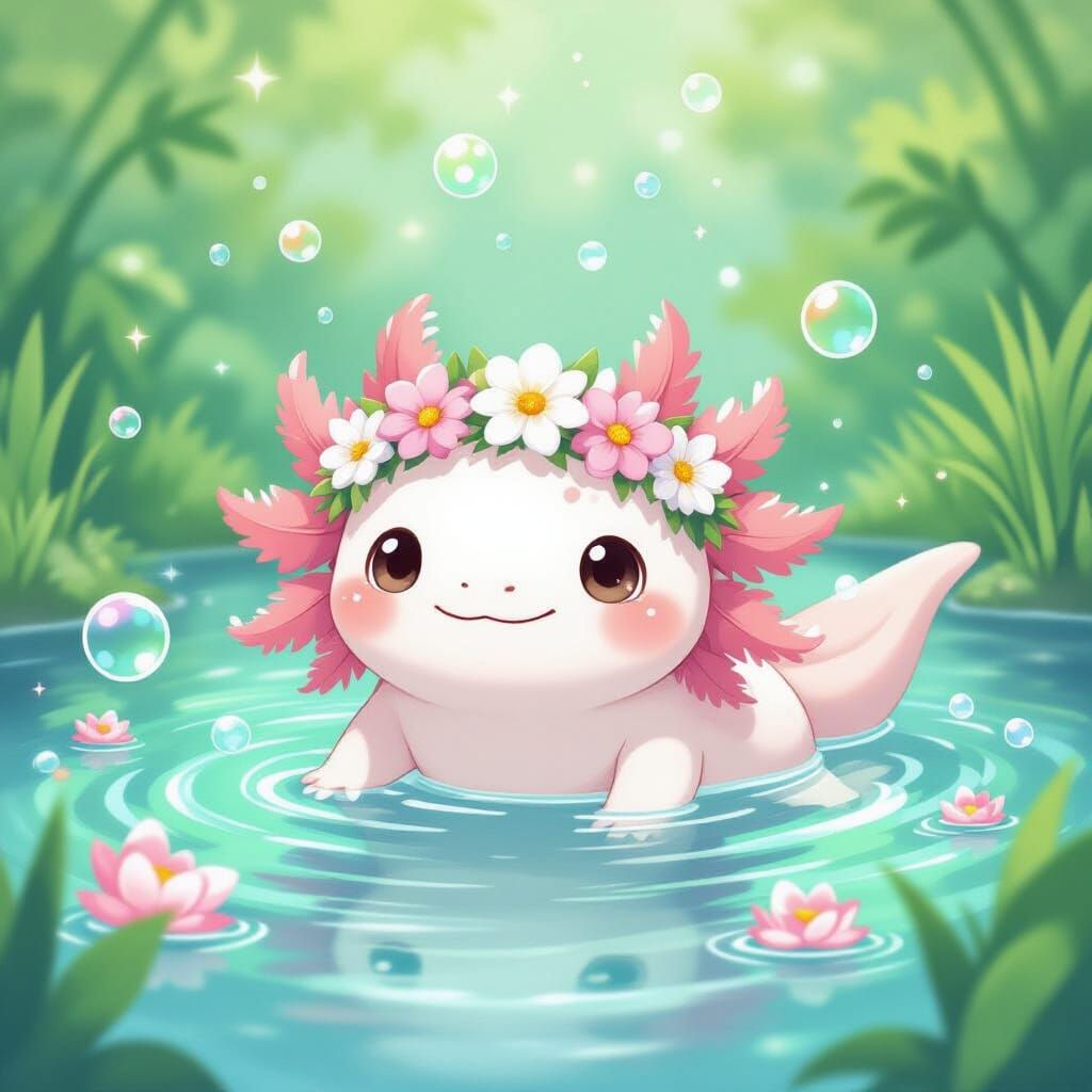 Kawaii Axolotl in Pastel Pond, Miyazaki & Kusama Inspired