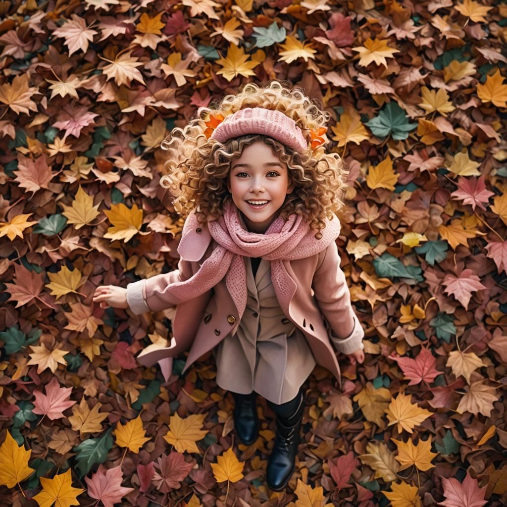 A Cute girl with curly hair playing fall autumn leaves