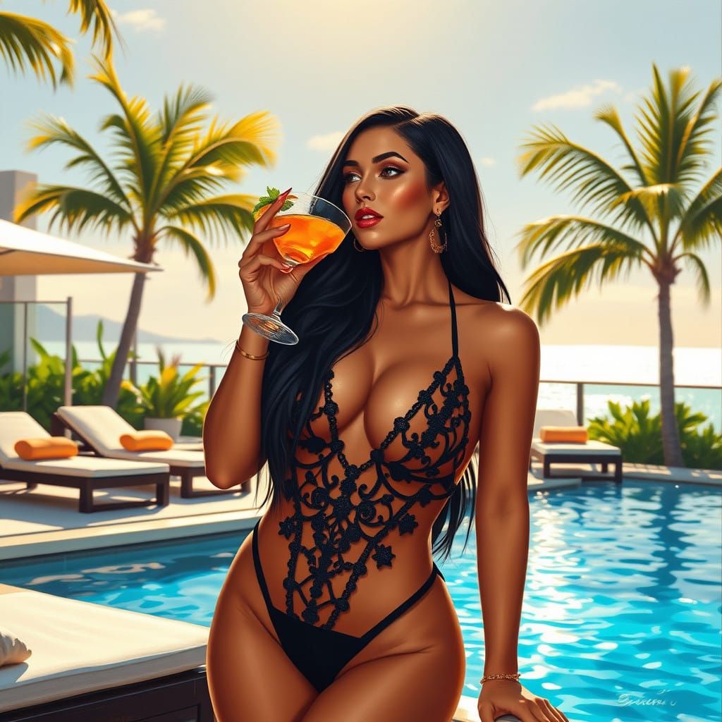 Elegant Woman by Luxurious Infinity Pool in Vibrant Colors