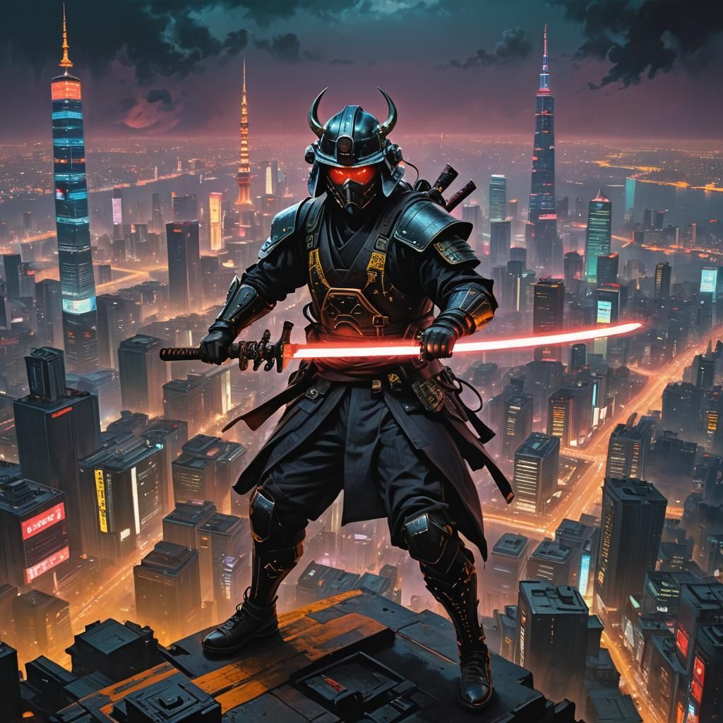 Cyberpunk Samurai with Electric Katana in Neo-Tokyo