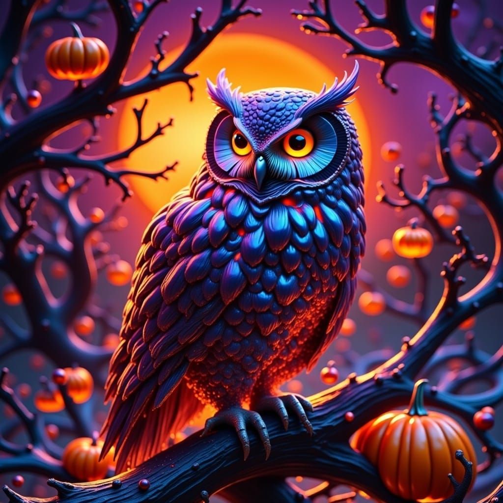 Glowing Owl Perched on Pumpkin, Fantasy Concept Art