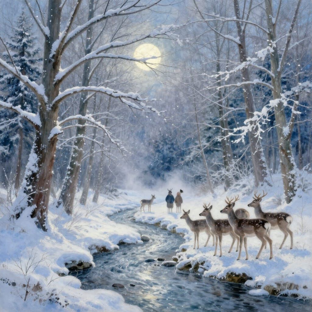 Serene Winter Forest Scene With Moonlight and Deer