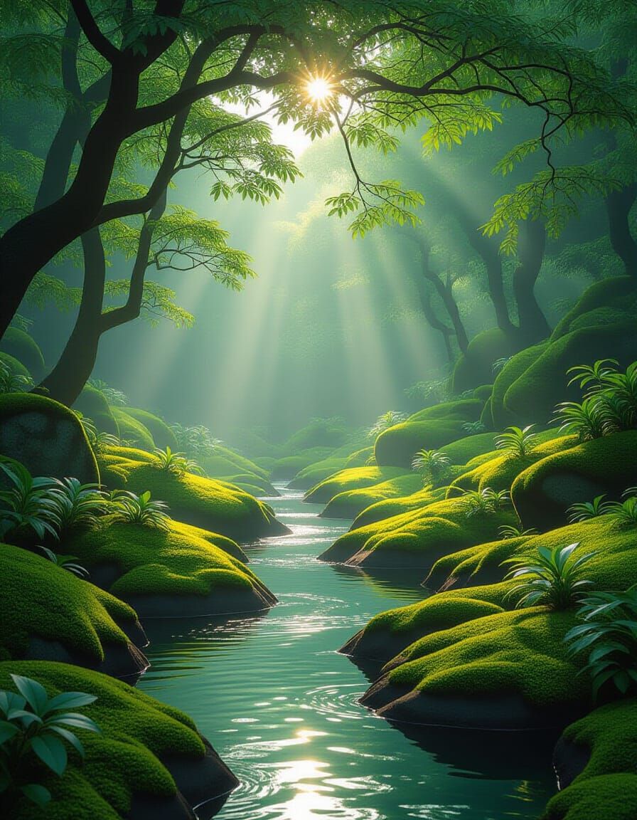 Serene Forest Landscape with Sunlight and Mist