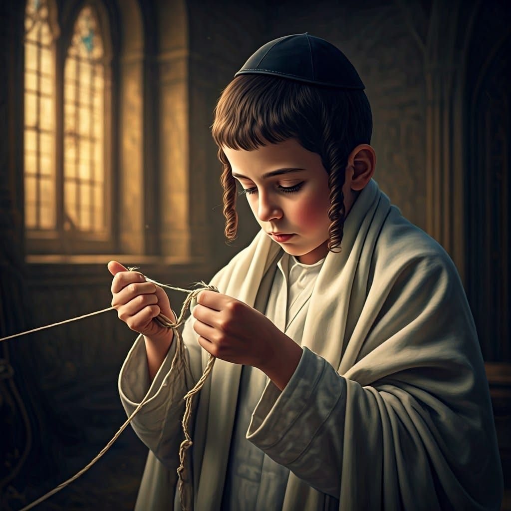 Young Jewish Boy in Traditional Attire, Tying a Perfect Knot...