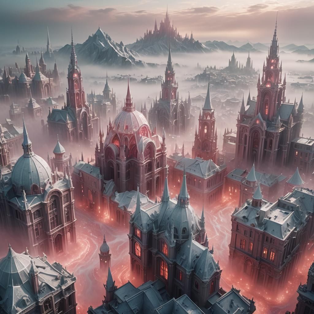Dreamlike Cityscape with Crystalline Structures, Surreal Dig...