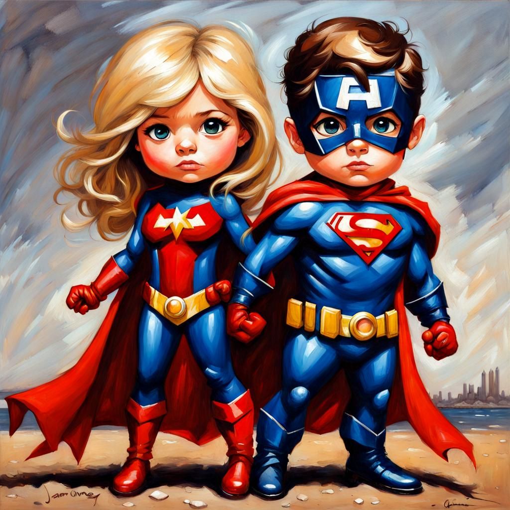 Chibi Superheroes Oil Painting by James Gurney