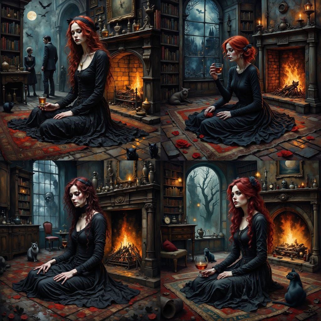 Red-Haired Woman in Haunted Library, Surreal Oil Painting