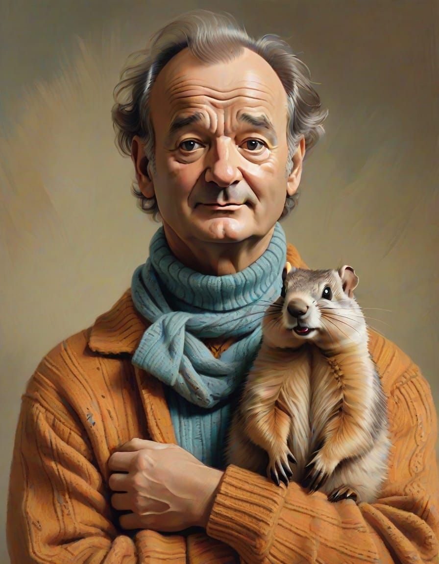Bill Murray with Groundhog in Painterly Surreal Style