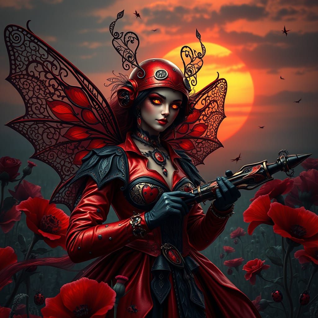 Dark Fantasy Ladybug Queen in Metallic Armor with Filigree W...