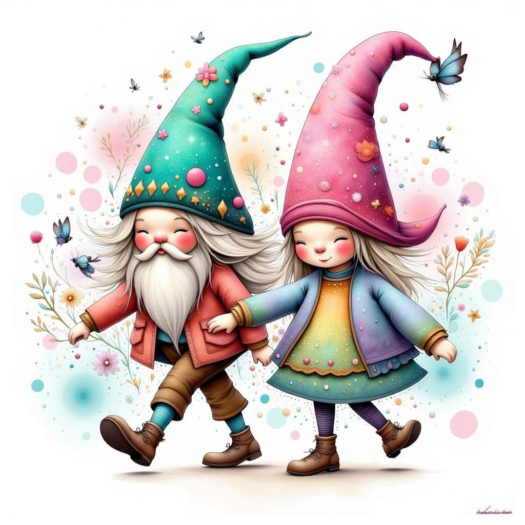 Cute Gnomes Walking on Air in Vibrant Liquid Ink