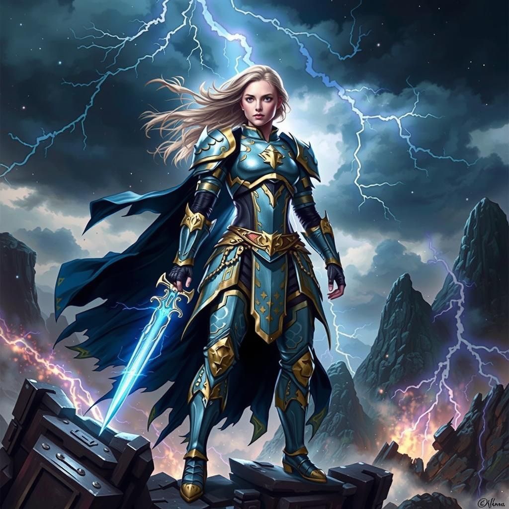 Valiant Paladin Wields Lightning Swords in Storm