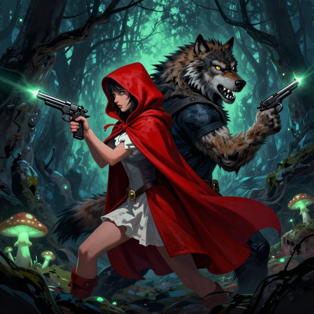 Red Riding Hood and Wolf Ready for Action in Dark Fantasy St...