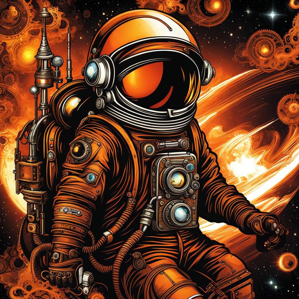 Steampunk Astronaut in Fiery Space Nebula