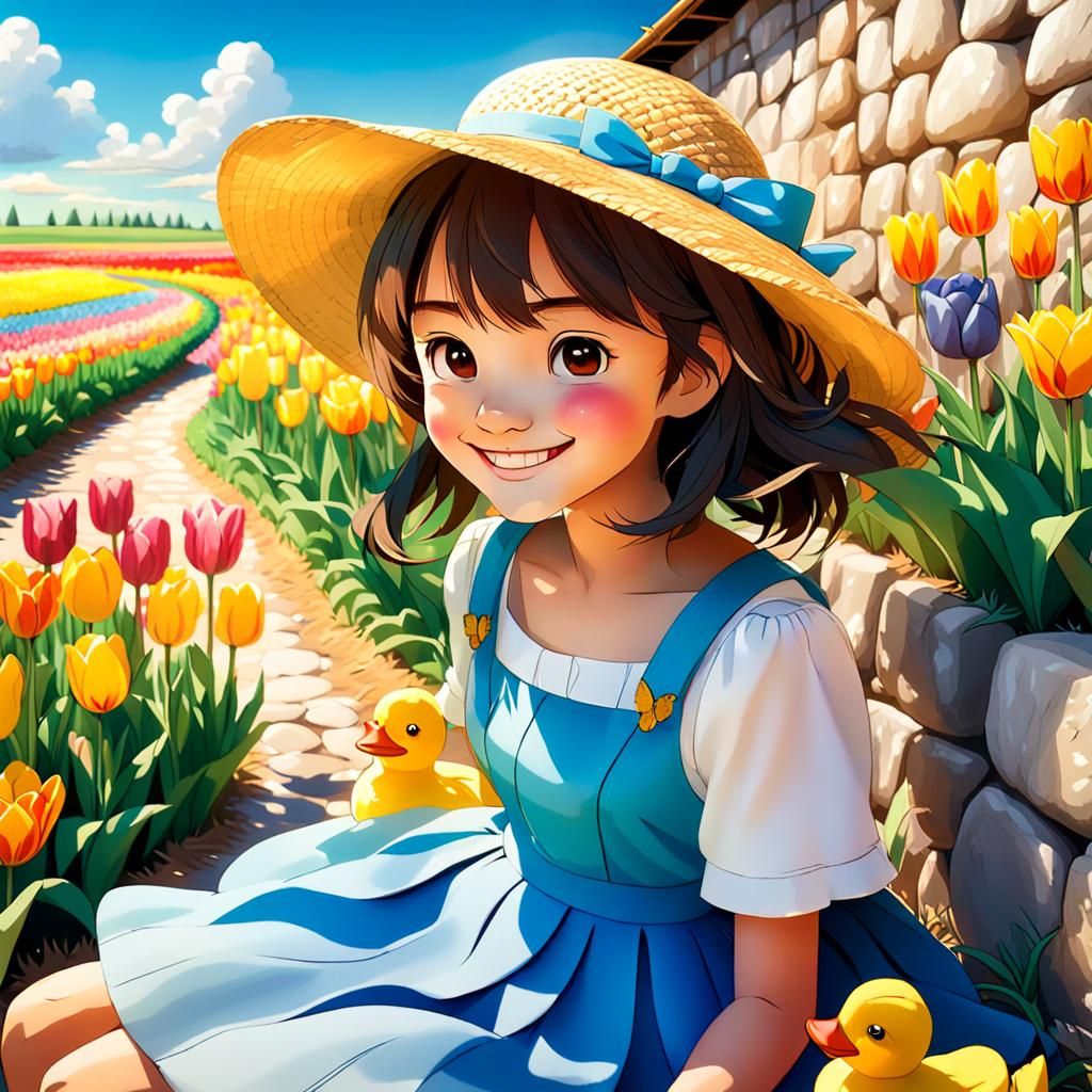 Anime Girl with Duck in Tulip Field