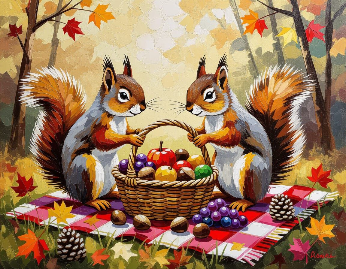 Red Squirrel Family Picnic in Dramatic Impasto Oil Painting