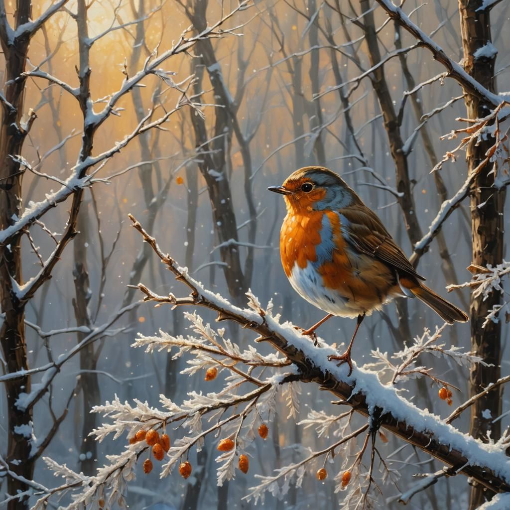 Vibrant Robin Perched on Frosty Branch in Snowy Forest