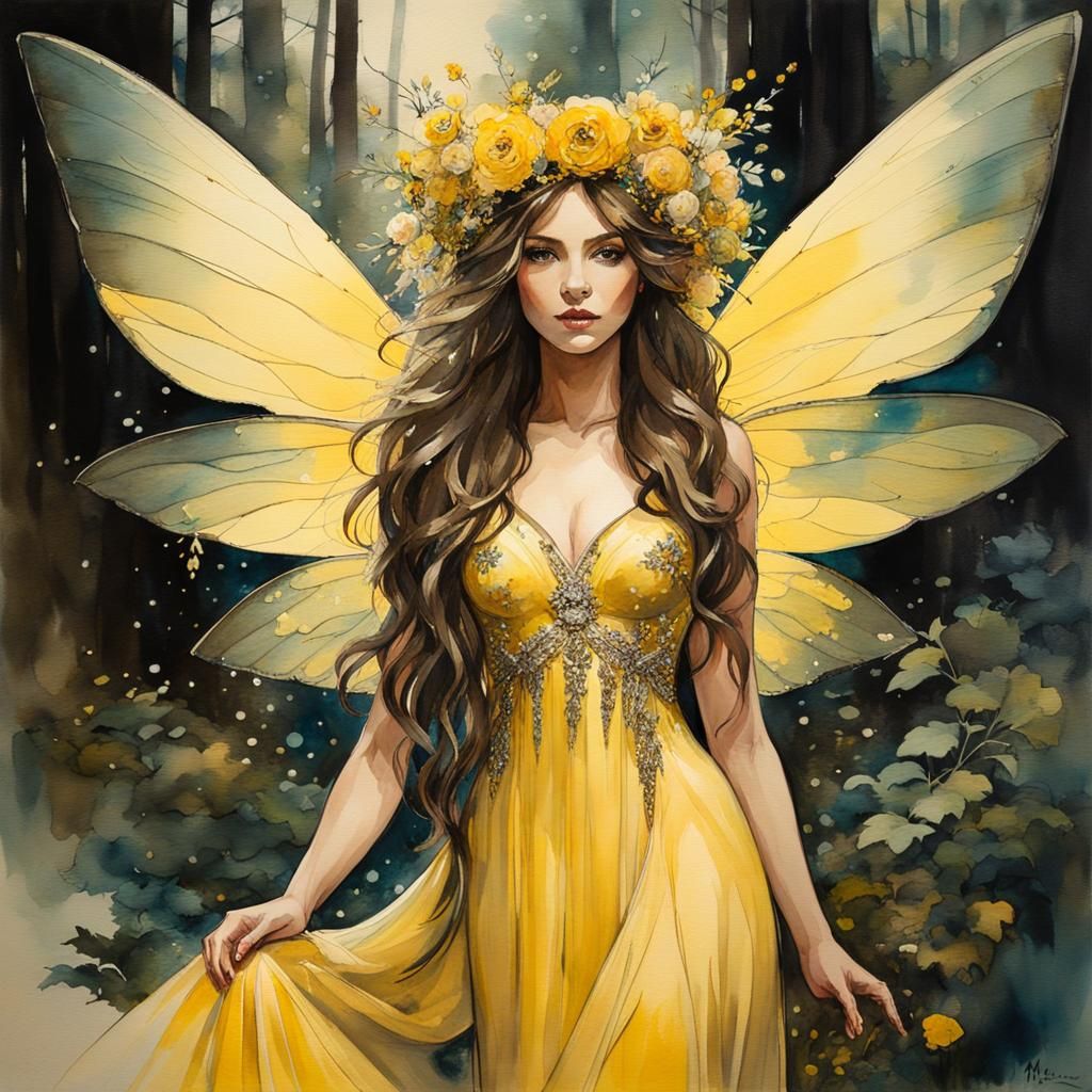 Goddess-like Fairy with Glittery Wings, Watercolor Painting