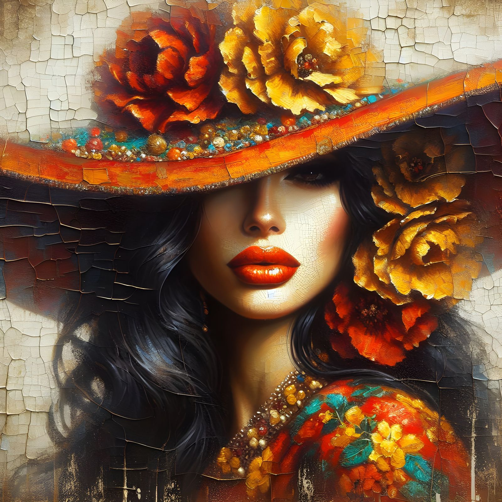 A Dazzling Hispanic Woman in a Vintage Oil Painting Style