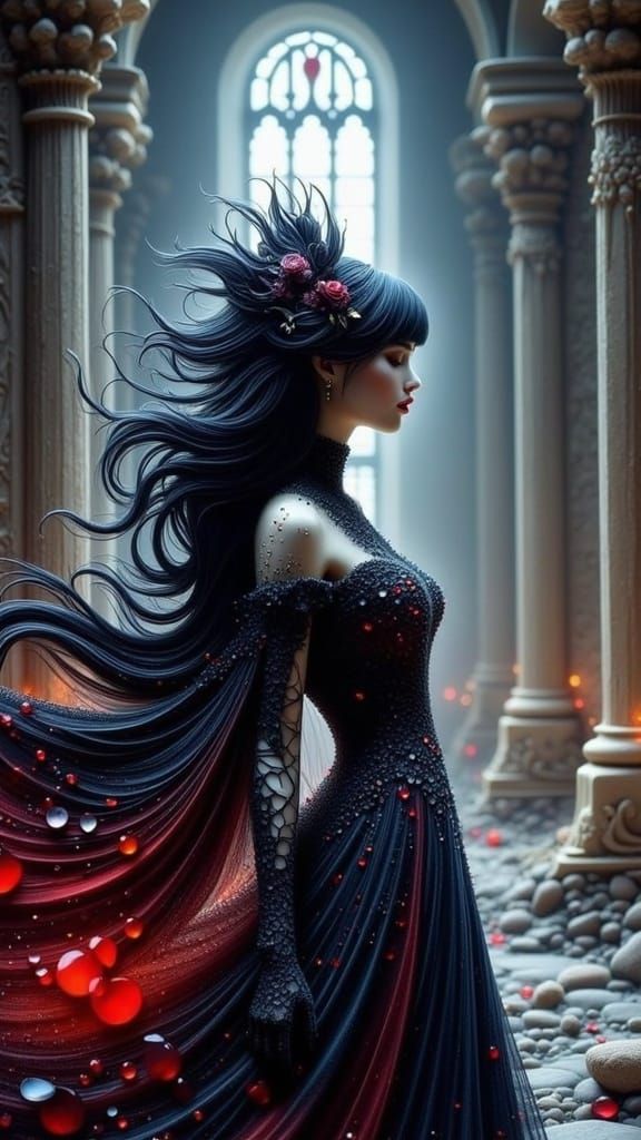 Ethereal Dark Fantasy Queen Amidst Gothic Cathedral Ruins