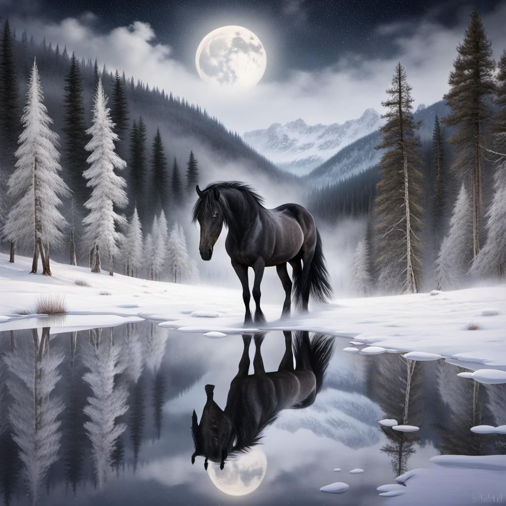 Wild Horse in Snowy Valley at Night