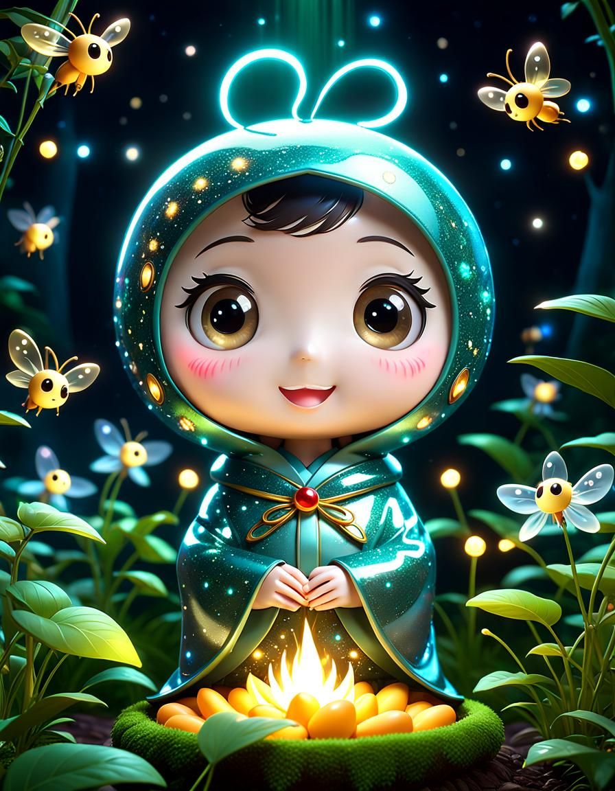 Cute Chibi Kodama with Sparkling Bokeh Background